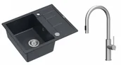 Zlewozmywaki z baterią - Quadron Unique Zlewozmywak granitowy jednokomorowy 62*50*22 cm z ociekaczem MORGAN 116 BLACK DIAMOND z syfonem Push-2-Open w kolorze stalowym z baterią JENNIFER Q LINE SLIM z wyciąganą wylewką i funkcją prysznica kolor stal szczotkowana - miniaturka - grafika 1