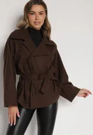 Płaszcze damskie - Brązowy Krótki Płaszcz z Wiskozą o Pudełkowym Kroju z Wiązanym Paskiem i Kołnierzem Tusilia - miniaturka - grafika 1