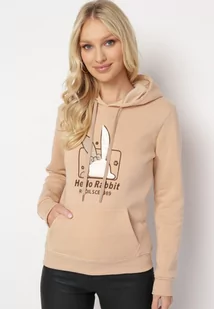 Beżowa Bluza Dzianinowa z Kapturem i Nadrukiem Jubida - Bluzy damskie - miniaturka - grafika 1
