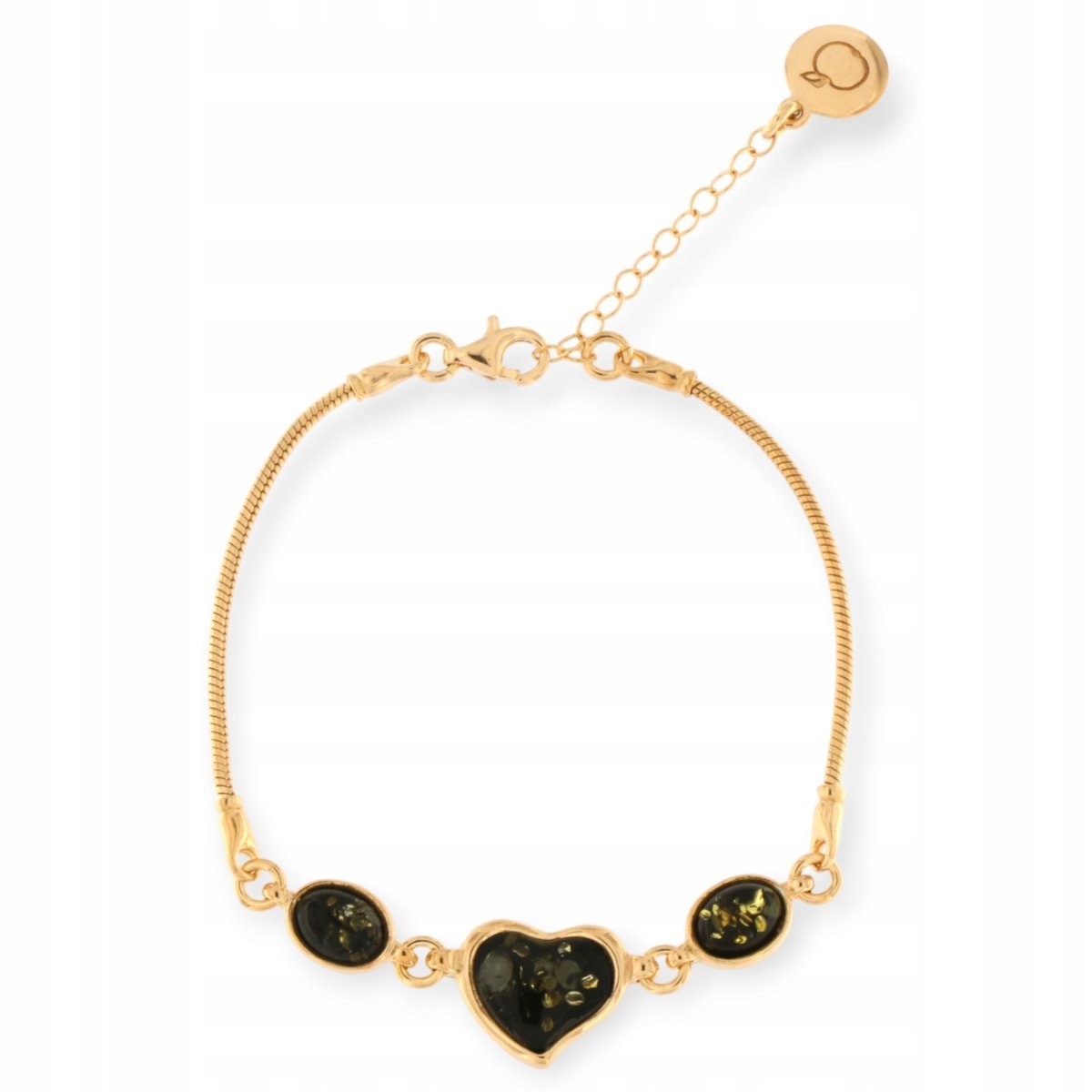 Bransoletka Serce Srebro 925 - Bransoletka bursztynowa pozłacana zielona