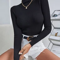 Swetry damskie - TEMU Sweter z Wysokim Kołnierzem w Dopasowanym Kroju - Jednokolorowa Bluzka z Długim Rękawem, Wysoka Elastyczność do Warstwowania, Elegancka do Biura - miniaturka - grafika 1