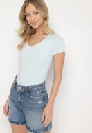 Koszulki i topy damskie - Jasnoniebieski T-shirt z Wiskozą o Dopasowanym Kroju z Dekoltem w Serek Folarisse - miniaturka - grafika 1