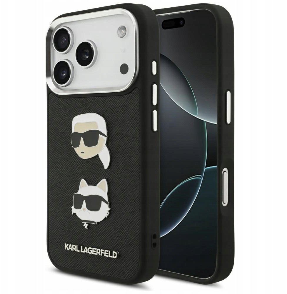 Karl Lagerfeld FW Grained Karl & Choupette Heads Pins & Logo Case for iPhone 17 Pro Black