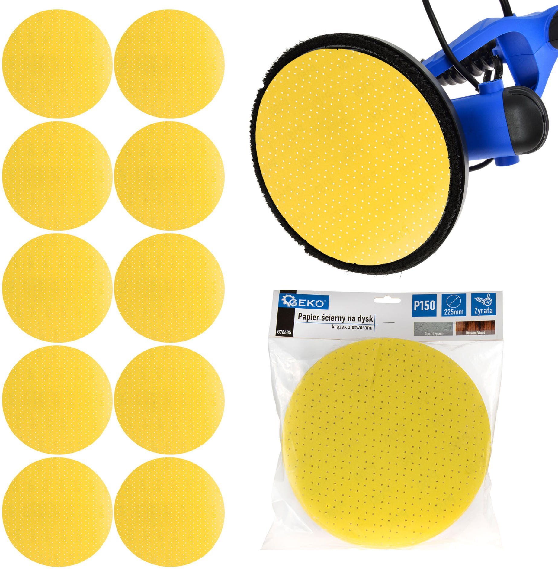 Geko Papier ścierny na dysk – krążek z otworami 225mm P150 /żyrafa 10/100/500