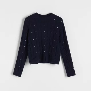Swetry damskie - Reserved - Sweter z kryształkami - Granatowy - grafika 1