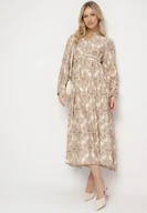 Sukienki - Beżowa Rozkloszowana Sukienka z Wiskozy w Ornamentalny Wzór Gonavina - miniaturka - grafika 1
