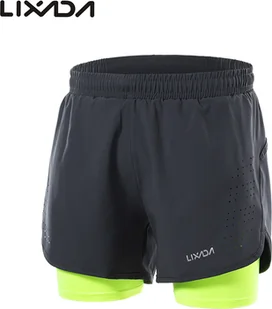 Spodenki do biegania Lixada, spodenki sportowe, spodenki męskie, fitness, spodenki szybkoschnące, spodenki rowerowe, oddychające, ciemnoszare + fluorescencyjna zieleń, rozmiar L - Spodenki rowerowe - miniaturka - grafika 1