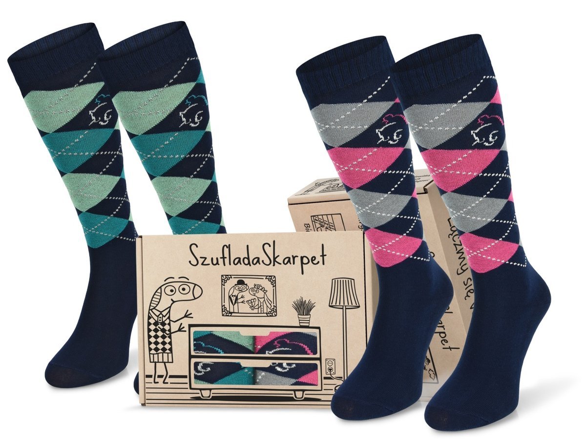 Comodo Zestaw 2 Par Cienkich Podkolanówek Bawełnianych Uniseks Do Jazdy Konnej. Wzór W Romby, Rozmiar 35-38 Na Wiosnę/lato.