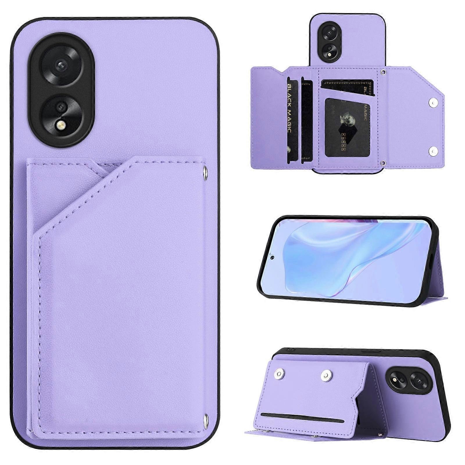 Etui na telefon Skin Feel z czterema gniazdami na karty z paskiem na nadgarstek Fioletowy For OPPO A38 4G / A18 4G Global