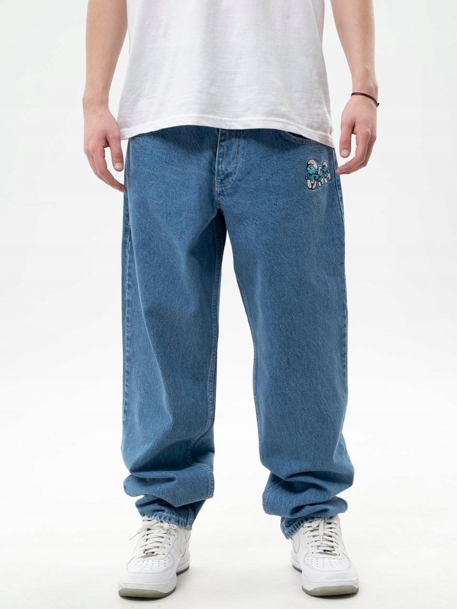SPODNIE JEANSOWE BAGGY MĘSKIE Jasne Niebieskie Smerfy Gargamel Pocket L