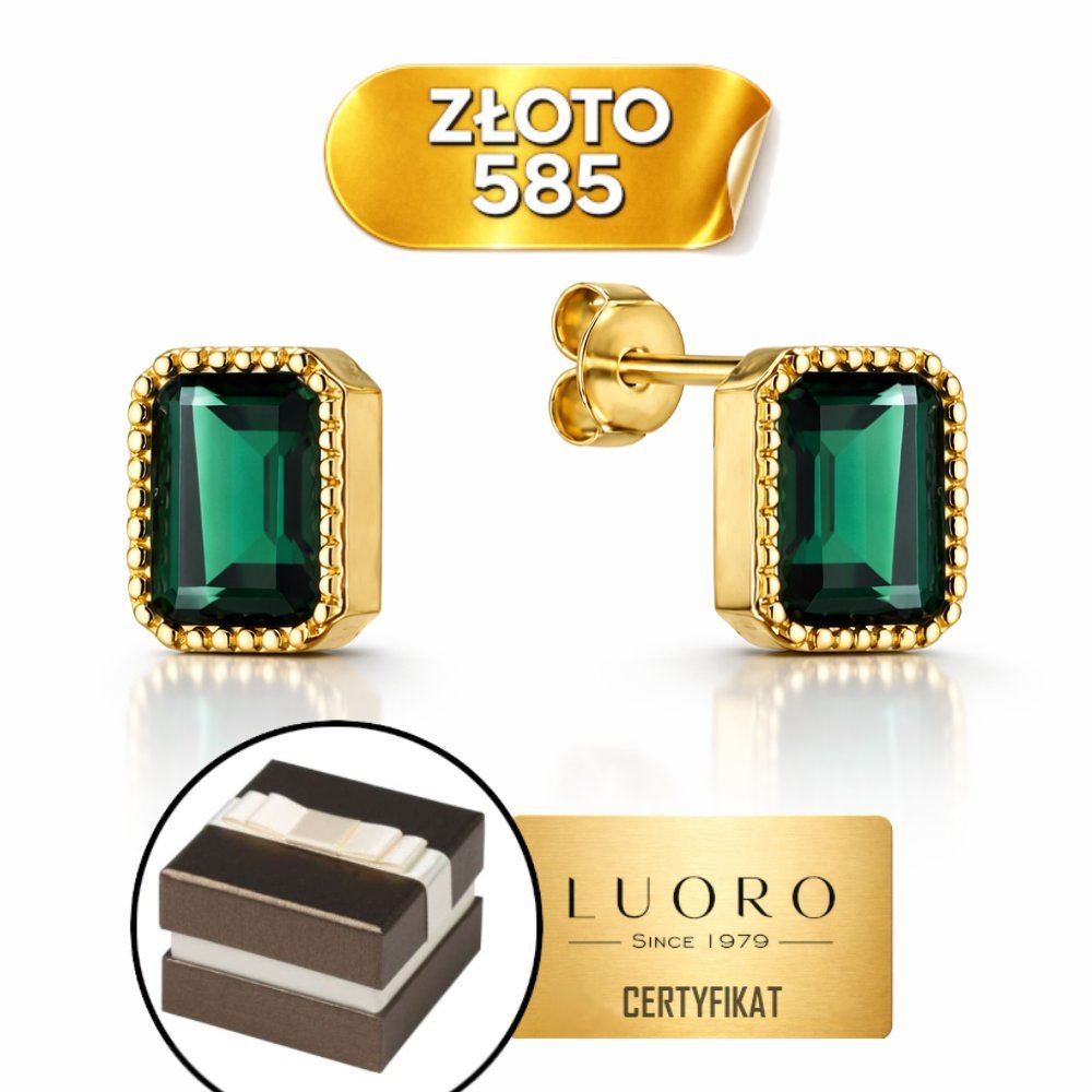 KOLCZYKI ZŁOTE 585 14K ZIELONY KWARC PROSTOKĄT SZTYFT 8,3X6,3 MM PREZENT