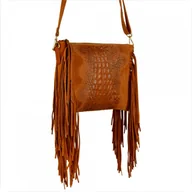 Torebki damskie - Borse in Pelle włoska listonoszka camel z frędzlami skóra naturalna camel wzór aligatora - miniaturka - grafika 1