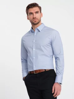 Koszule męskie - Koszula męska bawełniana w mikro wzór REGULAR FIT - jasnoniebieska V2 OM-SHCS-0152 - grafika 1