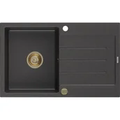 Zlewozmywaki - Mexen Bruno zlewozmywak granitowy 1-komorowy z ociekaczem 795 x 495 mm, czarny nakrapiany, syfon złoty - miniaturka - grafika 1
