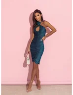 Sukienki - Brokatowa sukienka z różą JAYLA - turkusowa - miniaturka - grafika 1