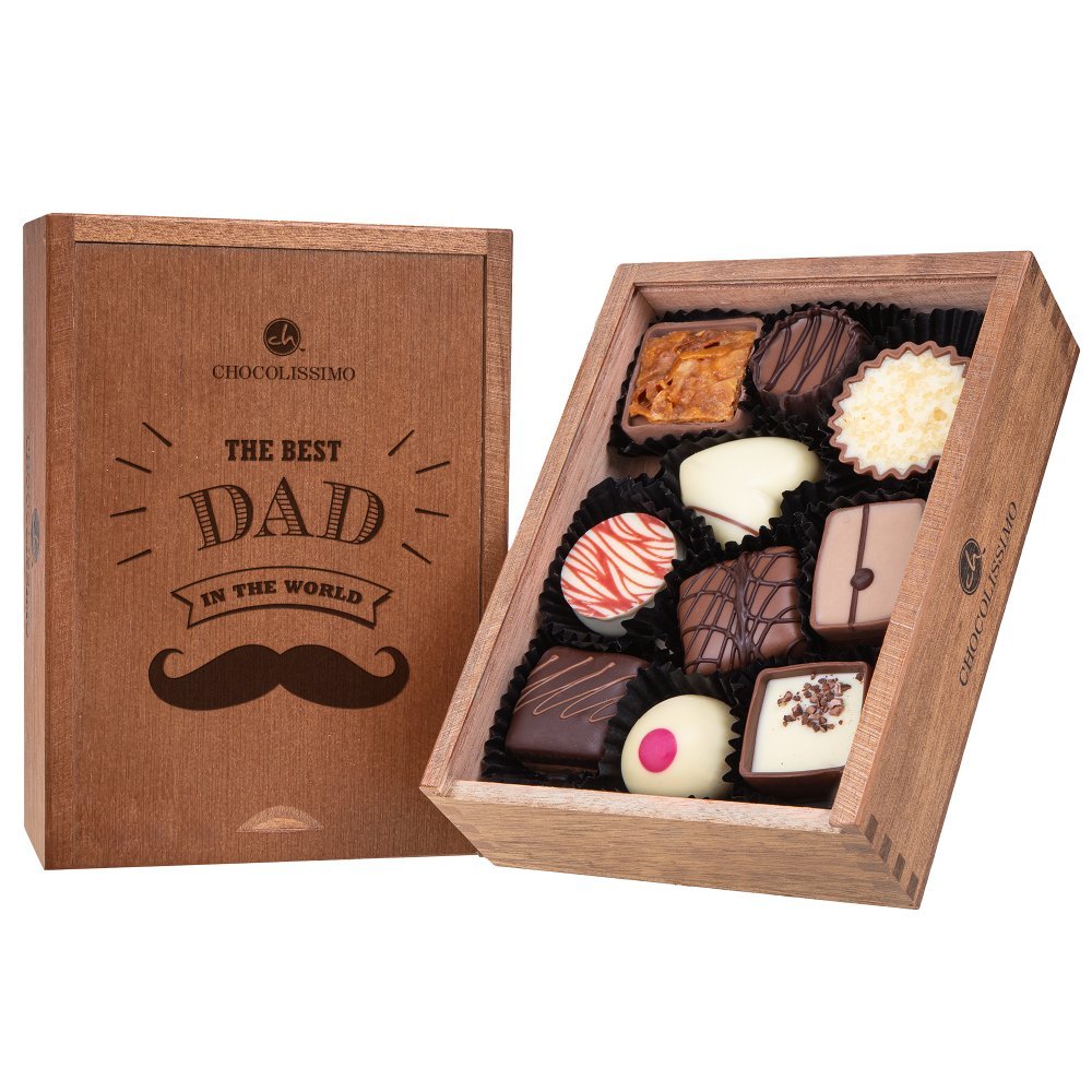 Zestaw 10 pralinek z belgijskiej czekolady z dedykacją dla taty „The Best Dad In The World” 125 g Idealny prezent na Dzień Ojca