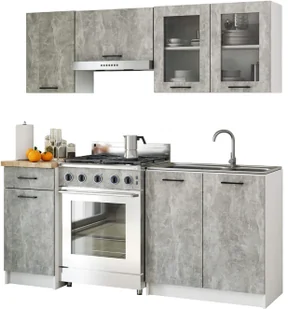 Mały komplet mebli kuchennych beton z witryną 180 cm - Poli - Meble kuchenne - miniaturka - grafika 1