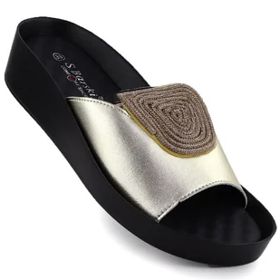 Skórzane klapki damskie na koturnie z cyrkoniami złote S.Barski KV51-028 złoty - Klapki i japonki damskie - miniaturka - grafika 1