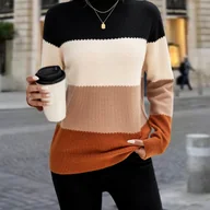 Swetry damskie - TEMU Elegancki damski kardigan w paski - Długi rękaw, okrągły dekolt, blokowy design kolorów i brązowy, codzienny sweter na jesień/zimę z detalami na - miniaturka - grafika 1