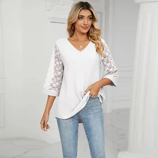 Elegancka bluzka damska z koronkowymi rękawami - Biały - Bluzki damskie - miniaturka - grafika 1