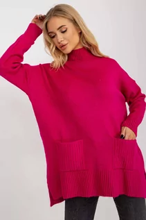 Swetry damskie - Fuksjowy długi sweter oversize z półgolfem - grafika 1