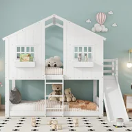 Łóżka dla dzieci i młodzieży - Łóżko piętrowe dla dzieci 90x200 cm, ze zjeżdżalnią dla dzieci, dachem i oknem, drzwiami bezpieczeństwa, trzystopniową drabinką, sosna + MDF, biały - miniaturka - grafika 1