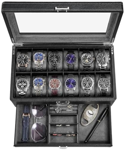 BEWISHOME Dwuwarstwowe pudełko na zegarki, etui na zegarki dla mężczyzn z prawdziwą szklaną pokrywką, uchwyt na zegarki na pierścionki, okulary, biżuteria męska, urodziny dla ojca, męża, czarne SSH02L