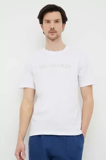 Koszulki męskie - Trussardi t-shirt bawełniany kolor biały z nadrukiem - grafika 1