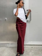 Spódnice - Satynowa długa spódnica - Bordowy - miniaturka - grafika 1