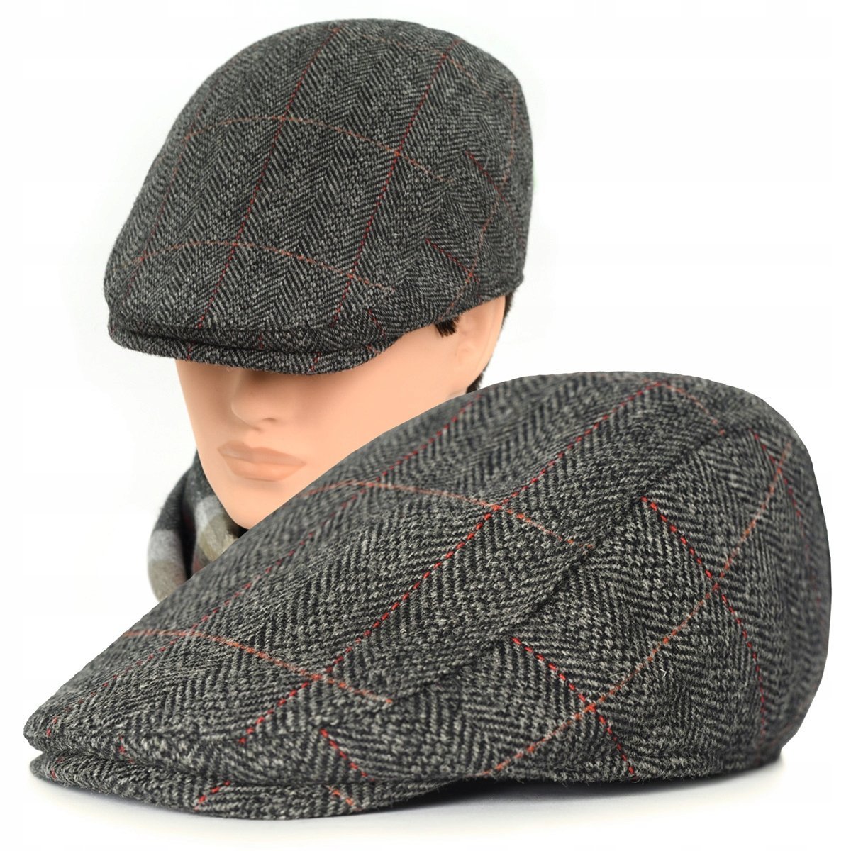 Kaszkiet Męski Zimowy Ocieplany Elegancka Czapka w Kratę 50% Wełny