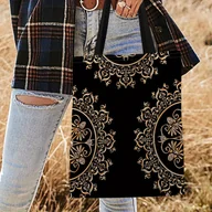 Torebki damskie - TEMU Elegancka damska torba na ramię z nadrukiem - Torba w stylu bohemy z otwartym górnym otworem, złotymi elementami metalowymi i złotym wzorem , - miniaturka - grafika 1