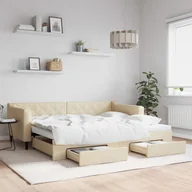 Sofy i kanapy - vidaXL Sofa rozsuwana z szufladami, kremowa, 90x200 cm, tkanina - miniaturka - grafika 1