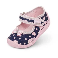 Kapcie damskie - Dziewczęce kapcie na rzep w groszki z kokardką 3D granatowe - miniaturka - grafika 1