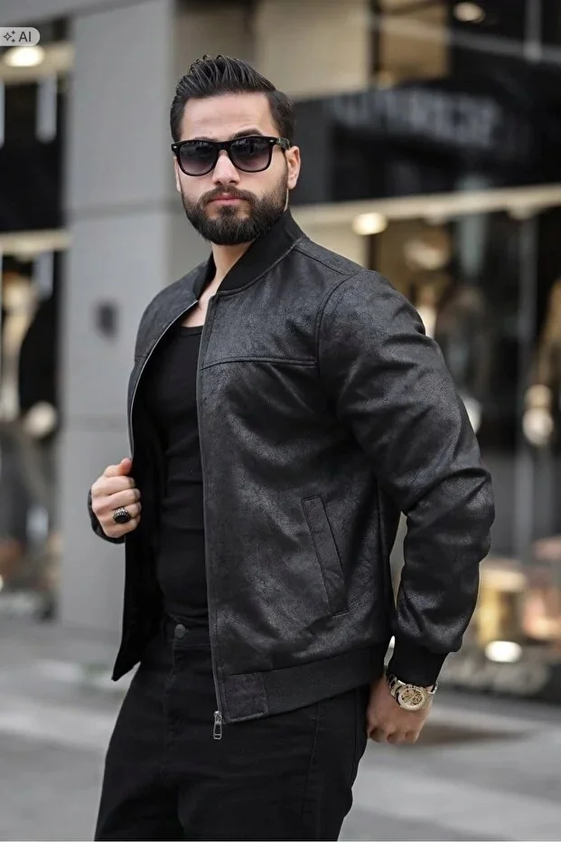 MĘSKA KURTKA BOMBER ZAMSZOWA CZARNA ELEGANCKA S 5IA