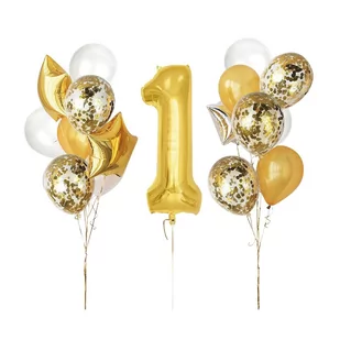 Zestaw balonów 1 Urodziny, Roczek złoto biały 16 el. - Baby shower i roczek - miniaturka - grafika 1