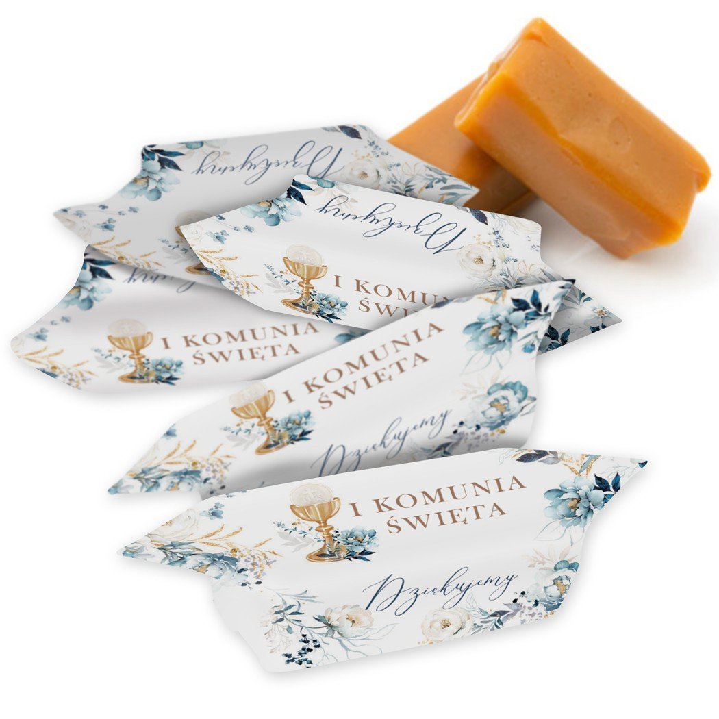 KRÓWKI UPOMINEK podziękowanie dla gości na I Komunię Świętą 1kg 65szt dla chłopca Kielich i Kwiaty