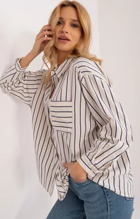 Koszula oversize z kieszenią granatowo-kremowa BP-KS-1148.12, Kolor granatowo-kremowy, Rozmiar S, FactoryPrice - Primodo.com - Koszule damskie - miniaturka - grafika 1