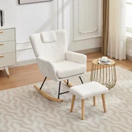 Fotele - Fotel bujany 30 stopni z podnóżkiem – 65 x 88 x 87 cm – Teddy Velvet + żelazo + lite drewno – biały - miniaturka - grafika 1