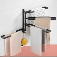 Wieszaki łazienkowe - Aluminiowy wieszak na ręczniki, uchwyt ścienny bez wiercenia, składana i obrotowa półka łazienkowa, czarny poczwórny drążek - miniaturka - grafika 1
