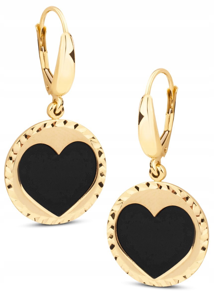 ORYGINALNE ZŁOTE KOLCZYKI WISZĄCE Z CZARNYMI SERCAMI DIAMENTOWANE 14KT 585