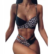 Stroje kąpielowe - STRÓJ KĄPIELOWY DWUCZĘŚCIOWY SEXY BIKINI WIĄZANIE PUSH UP FIGI PANTERKA S - miniaturka - grafika 1