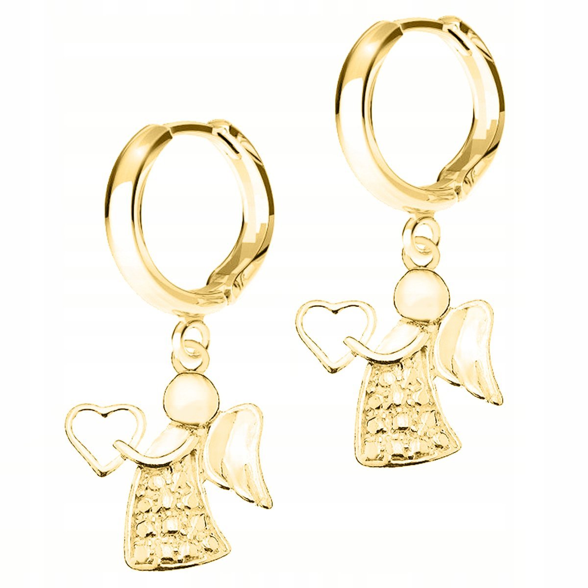 Złote Kolczyki Serca z Aniołami Anioły Aniołki Anioł Stróż SREBRO 925