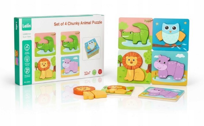 ZESTAW 4 UKŁADANEK DREWNIANYCH ZWIERZĄTKA KLOCKI PUZZLE 3D DLA DZIECI 1+