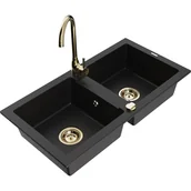 Zlewozmywaki z baterią - Mexen Mario zlewozmywak granitowy 2-komorowy z baterią kuchenną Telma, czarny - miniaturka - grafika 1