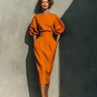 Sukienki - TEMU Elegancka Sukienka A-Line z Dekoltem Łódką dla Kobiet - Jednokolorowa Pomarańczowa, Krótka do Średniej Długości, Dopasowana, Pranie w Praniu - miniaturka - grafika 1