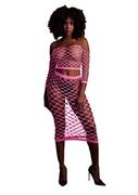 Odzież erotyczna - Ouch! Glow in the Dark Long Sleeve Crop Top and Long Skirt Neon Pink S/M/L - miniaturka - grafika 1