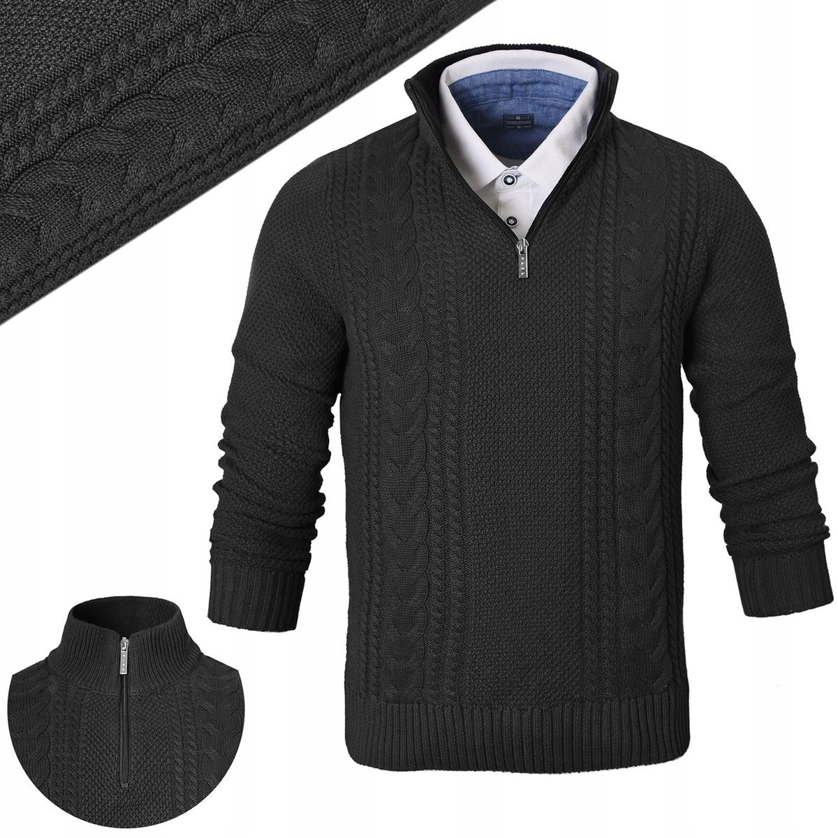 SWETER Męski z Rozpinanym Półgolfem na Suwak Ciepły CZARNY 3XL Pako Jeans