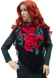 Chusta damska czerwone róże z frędzlami czarna DORC-6A - Apaszki i szaliki damskie - miniaturka - grafika 1