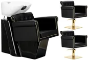 Meble fryzjerskie - Zestaw czarny myjnia fryzjerska Kiva i 2 x fotel fryzjerski hydrauliczny obrotowy do salonu fryzjerskiego myjka ruchoma misa ceramiczna armatura bateria słuchawka - miniaturka - grafika 1