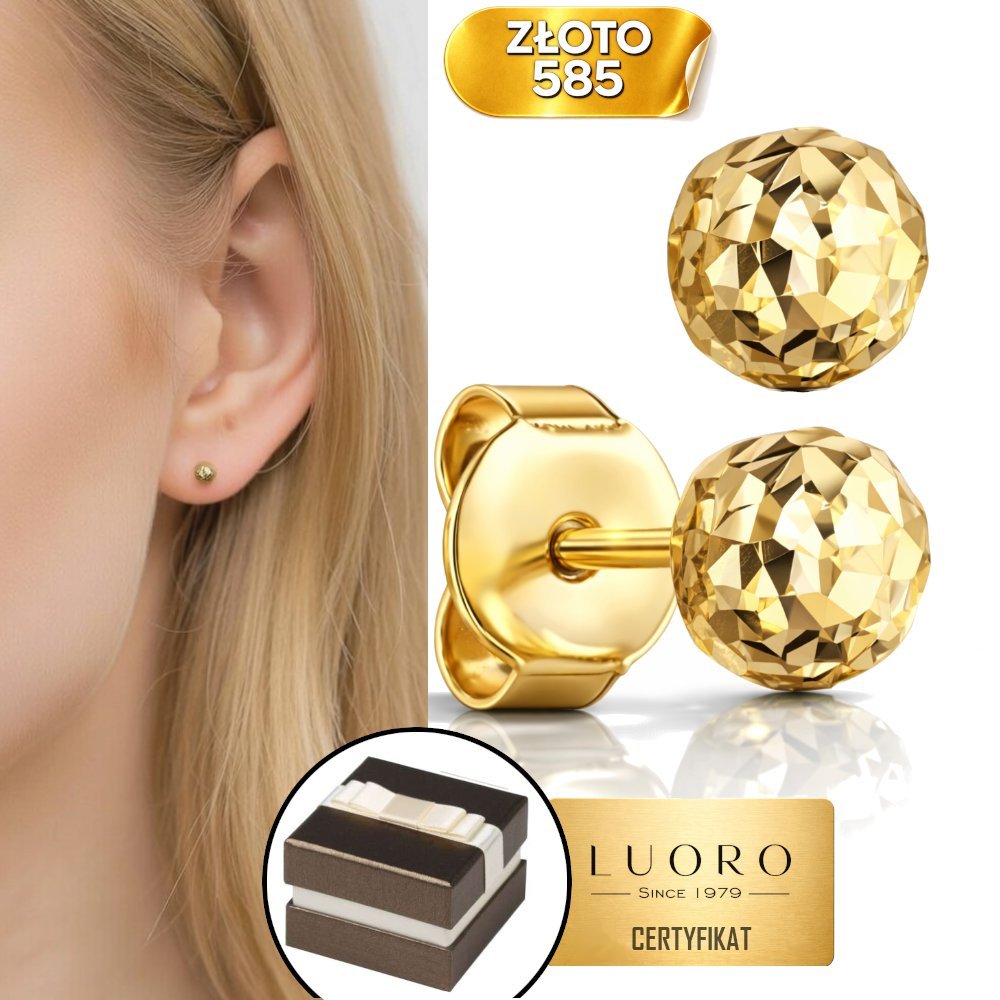 KOLCZYKI ZŁOTE 585 14K KULKI DIAMENTOWANE ŚREDNICA 4 MM LEKKIE SZTYFT